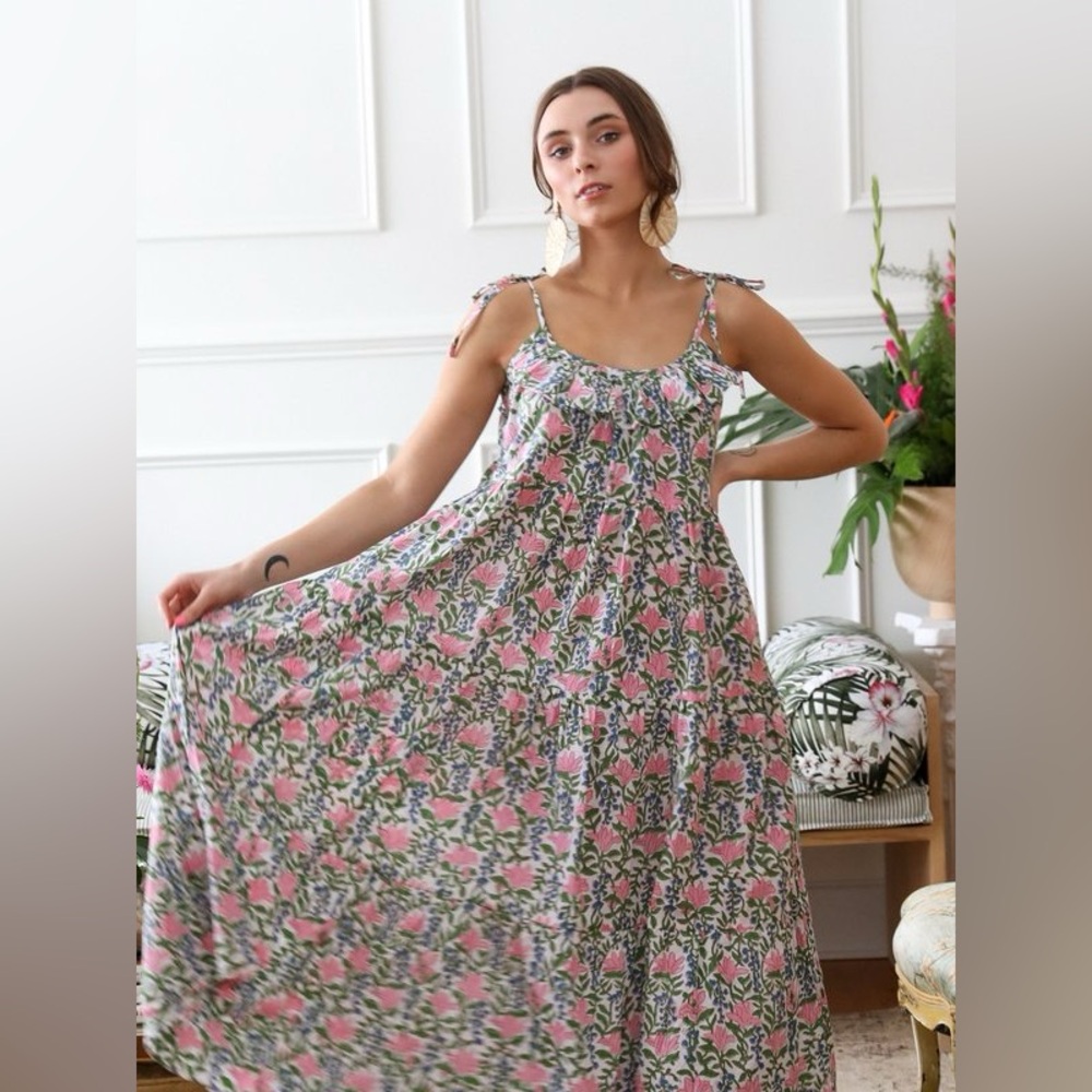 Mille Resort Wear Maui English Garden Floral Ruffle Block Print Maxi Dress